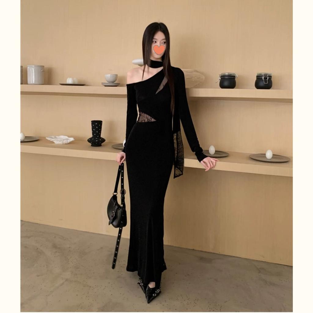 Autumn and winter new temperament lace splicing sexy slanted shoulder dress slim-fitting imperial sister temperament hip-wrapped long skirt