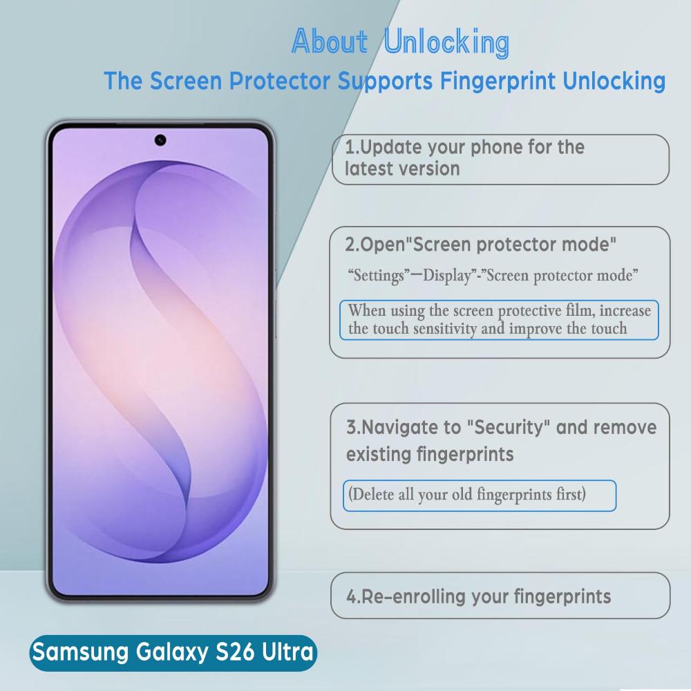 4PCS Screen Protector For Samsung Galaxy S26 Ultra S25 S24 Ultra S23 S22 S21 Plus Tempered Glass Fingerprint Unlock Screen Glass 2