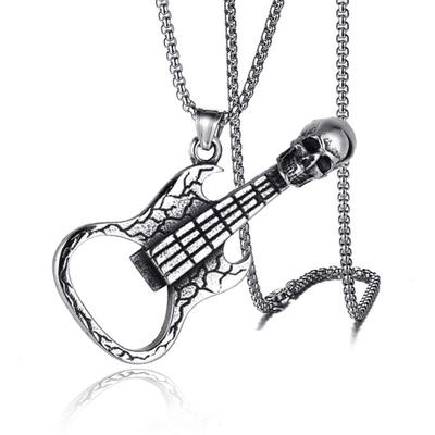 Vintage Skull Guitar Bottle Opener Men'S Pendant Necklace, Hip Hop Fashion Accessories