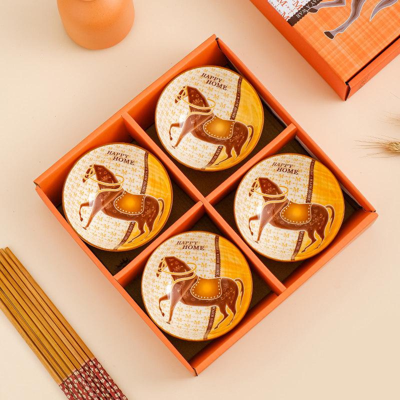 Year of the Horse Ceramic Rice Bowl Set: Includes Bowl, Plate, and Chopsticks - Perfect for Home and Business Gifts