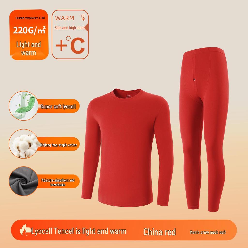 Men's Tencel Lyocell & Cotton Thermal Underwear Set: Antibacterial, Plus Velvet, Autumn Round Neck Top & Trousers