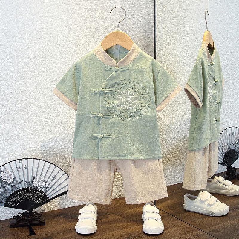 Completo Estivo da Ragazzo a Maniche Corte Stile Cinese per Bambini Hanbok Bello Completo Tang Cotone Lino Sezione Sottile di Abbigliamento Antico