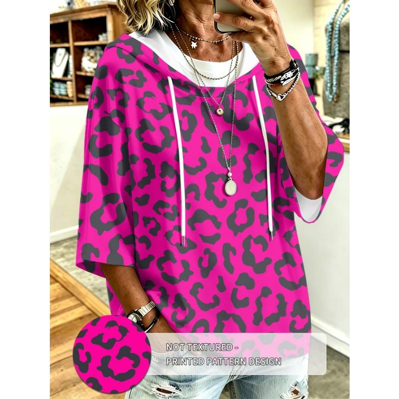 Women's Large Size Printed Hooded Top, Dropped Shoulders, Casual and Versatile, Machine Washable