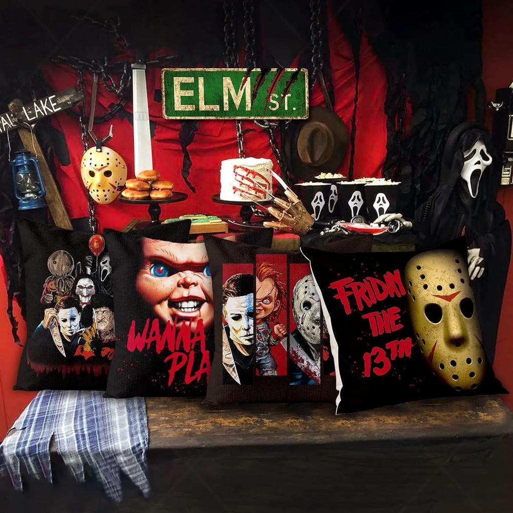 4Pcs Horror Classic Movie Characters Pillow Covers 18X18 Inch Halloween Throw Pillowcases Linen Decorative Square Cushion Covers