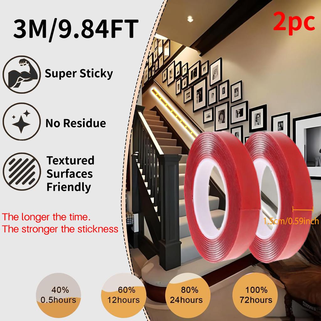 Red Acrylic Double-Sided Tape, Transparent, Strong Adhesive, No Trace, 6mm–30mm, for Phone, LCD, and Car Use