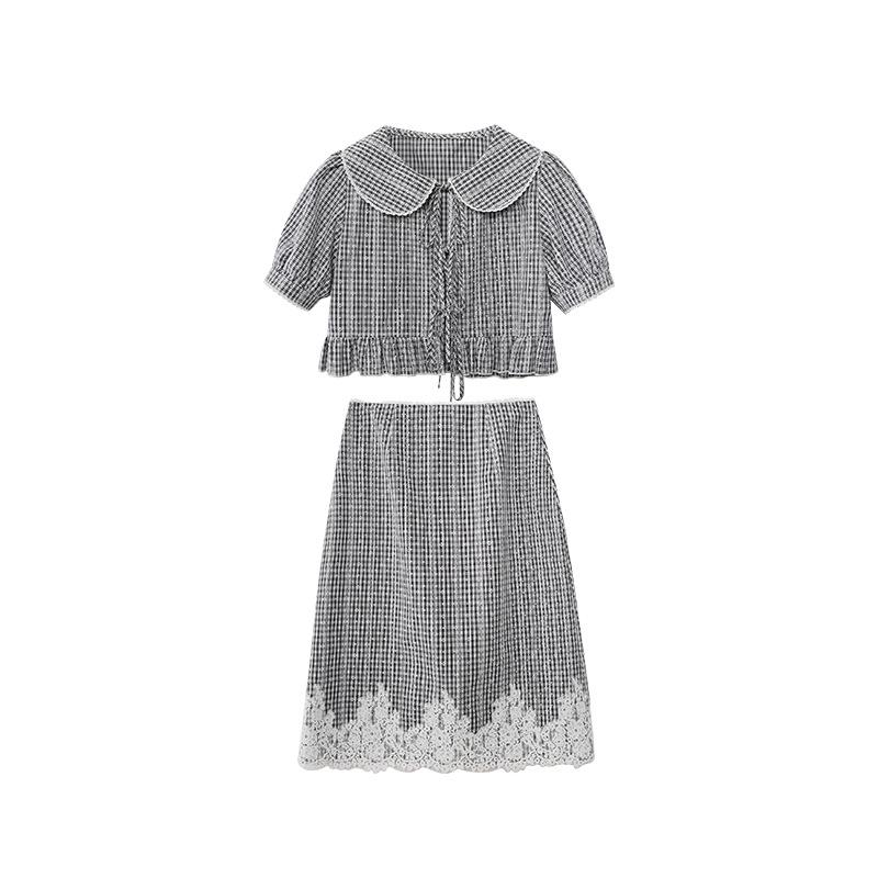 

NEWOPEN French Style Petite Gingham Lace Two-Piece Set for Summer S5156 Small