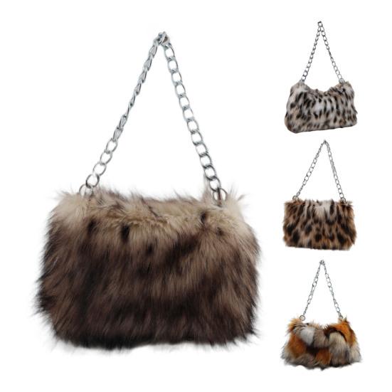 Leopard Print Fluffy Tote Ladies Faux Fur Shoulder Bag Furry Purse Fuzzy Handbag with Metal Chain Strap for Date Winter Daily Commute Party