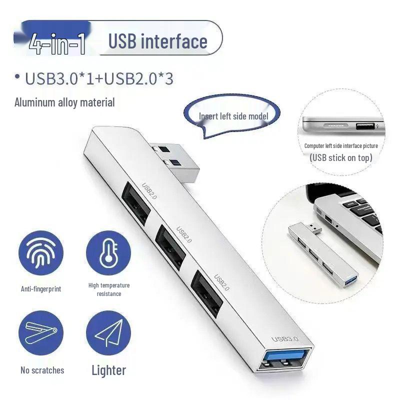 Cross-Border USB-C Aluminum 4-Port USB 3.0 Splitter Hub with Side Insert Design