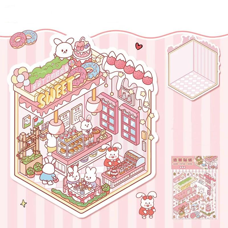 Cartoon Food Street Landscape Sticker Cabin Scene DIY Toy Game Sticker Festival Birthday Gift for Kids Girls and Children