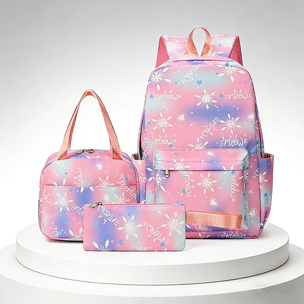Set Zaino con Stampa Fiocco di Neve Degradé 3 Pezzi, Zaino Scolastico Impermeabile con Borsa Pranzo e Astuccio
