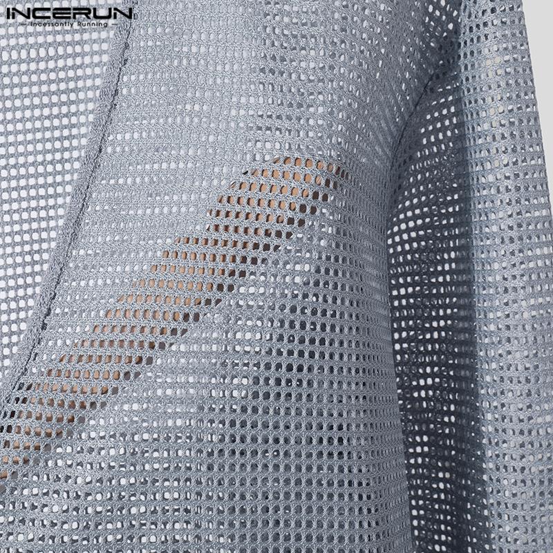 INCERUN Pánské topy s hlubokým výstřihem do V a průhledné, ležérní trička s dlouhým rukávem z rybí sítě