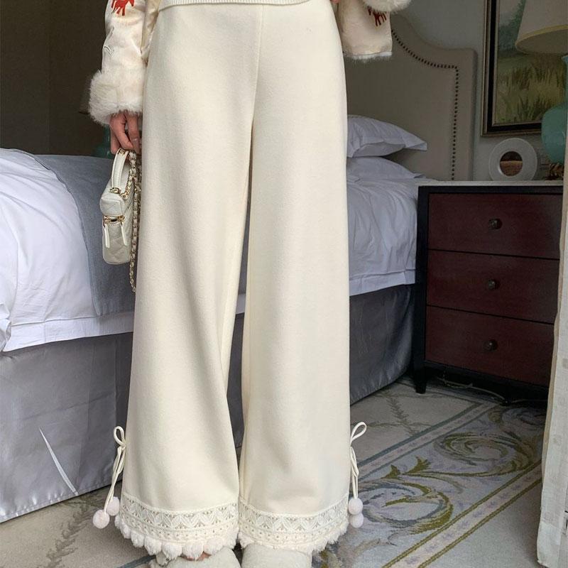

Винтажные Элегантные Бежевые Широкие Брюки Женские Кружевные Бахрома Шнурок Брюки Осень Зима Модные Нежные Свободные Повседневные Брюки S белый