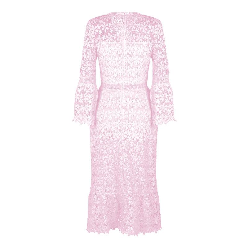 BITCED Jesień Seksowna Przezroczysta Koronka Długi Rękaw Dekolt V Duża Sukienka Rozkloszowana Długa Sukienka Kobiety