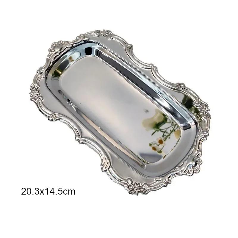 Vintage Embossed Silver Tray Serving Platter For Desserts Jewelry Storage Organizer Snack Plate Dining Table Decoration