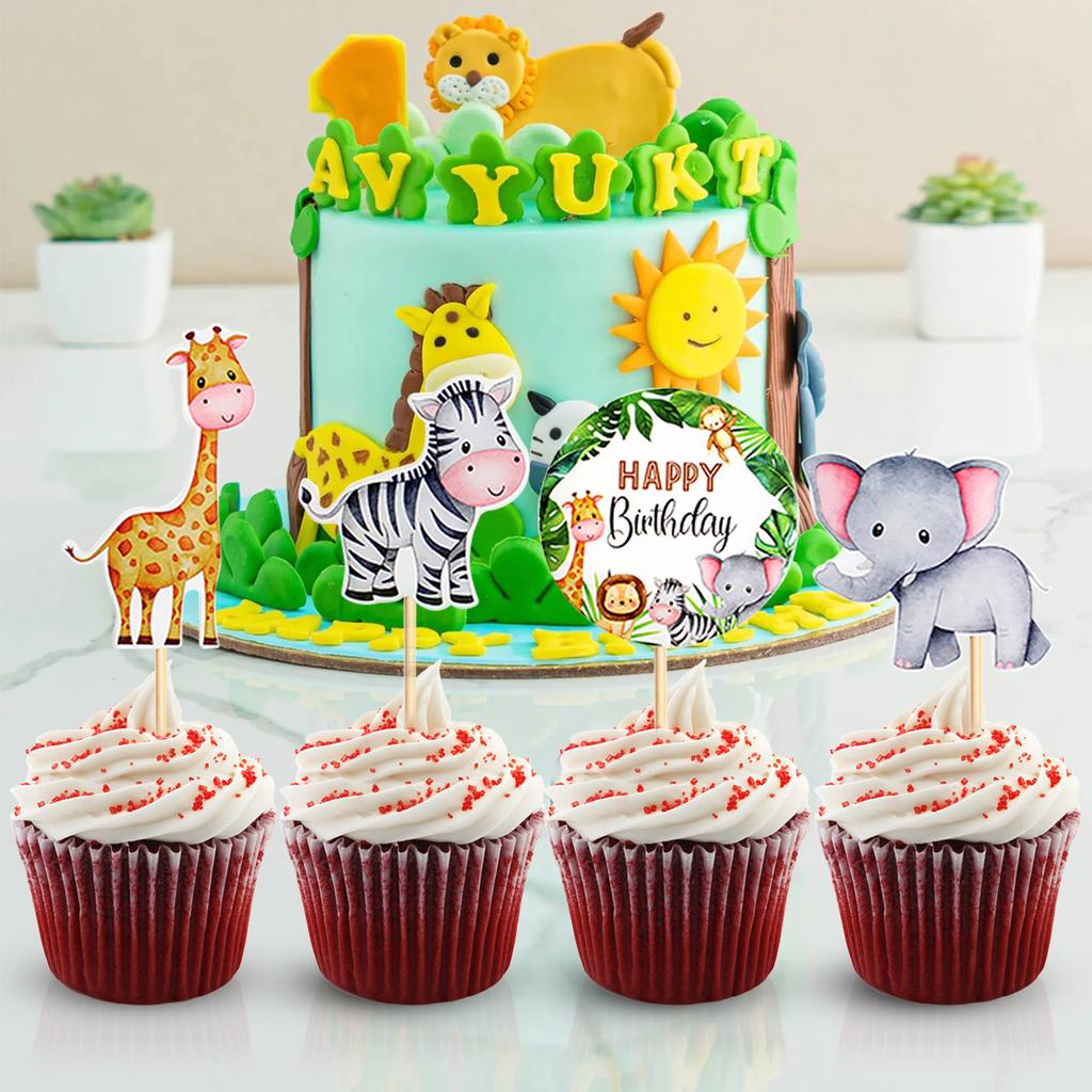 Wild Amimal Cake Topper Cute Forest Safari Jungle Cartoon Animal Happy Birthday Cake Decoration Woodland Wild One Party Supplies