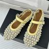 Fashion Pearl Flat Bottomed Comfortable Ballet Dancing Sandals Hollow Out Round Head Buckle Commuting Leisure Mary Jane Single Shoes