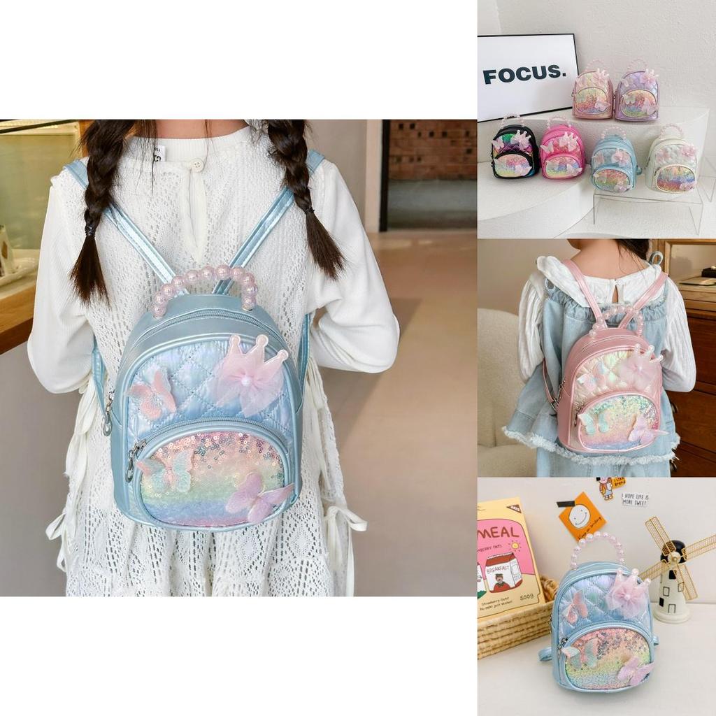 Kids Fashionable Sequin Backpack With Lace Bow And Butterfly Decor For School And Travel