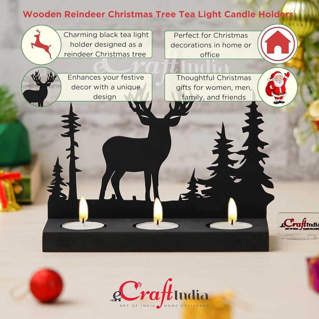 Weihnachtsbaum Deko Teelichthalter aus Holz Rentier(Schwarz)| Diwali Weihnachtsdekorationsartikel für Heimdekoration Wohnzimmer Büro
