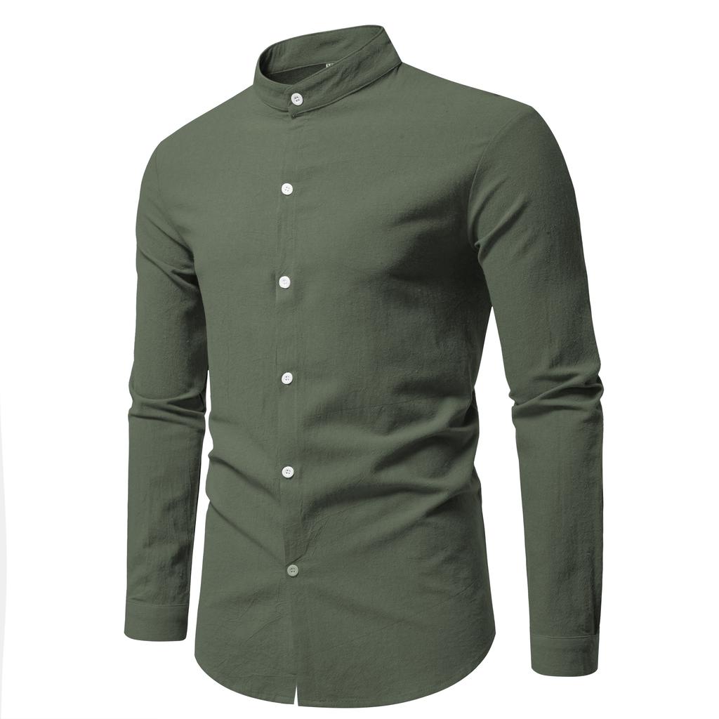 Spring Men's Long Sleeve Stand Collar Solid Color Casual Shirt Men's Pure Cotton Fashion Cardigan