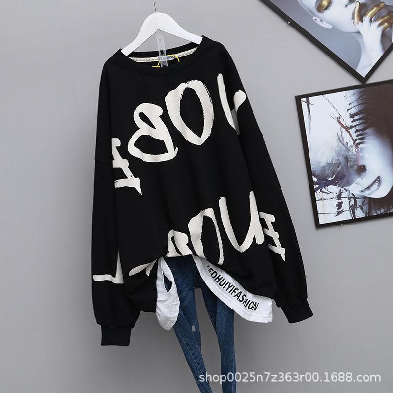 Großformat T-Shirt Femme Herbst Buchstaben T-Shirt Damen Schwarz T-Shirt Langarm Übergroße T-Shirts koreanischer Stil Oberteile
