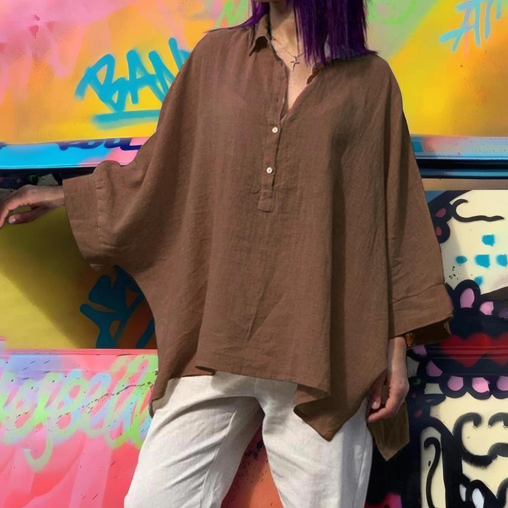 Camicia casual ampia a maniche lunghe con scollo a V e scollo a V da donna, stile autunno, retrò, Harajuku, tinta unita, in cotone e lino, taglie forti