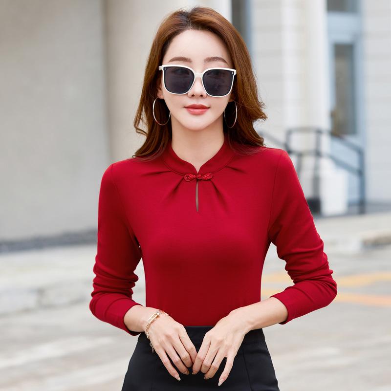 Autumn and Winter New Korean Style Round Neck Bottoming Shirt for Women Thickened Long-sleeved T-shirt Solid Color Slimming National Style Top