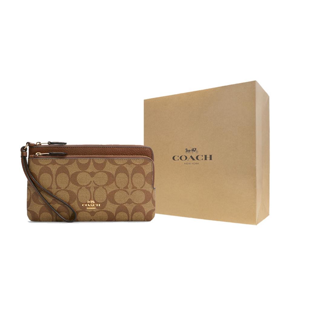 New COACH Double Zip Wallet Leather Card Holder, Clutch Wallet Medium Size Women's Saddles Brown C5576-IME74