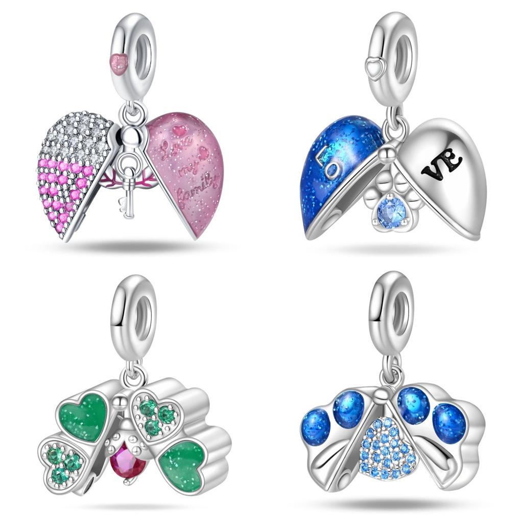 S925 Silver Cat Paw Clover Heart Padlock Pendant Bead Bracelet Charm DIY Jewelry Making Supplies