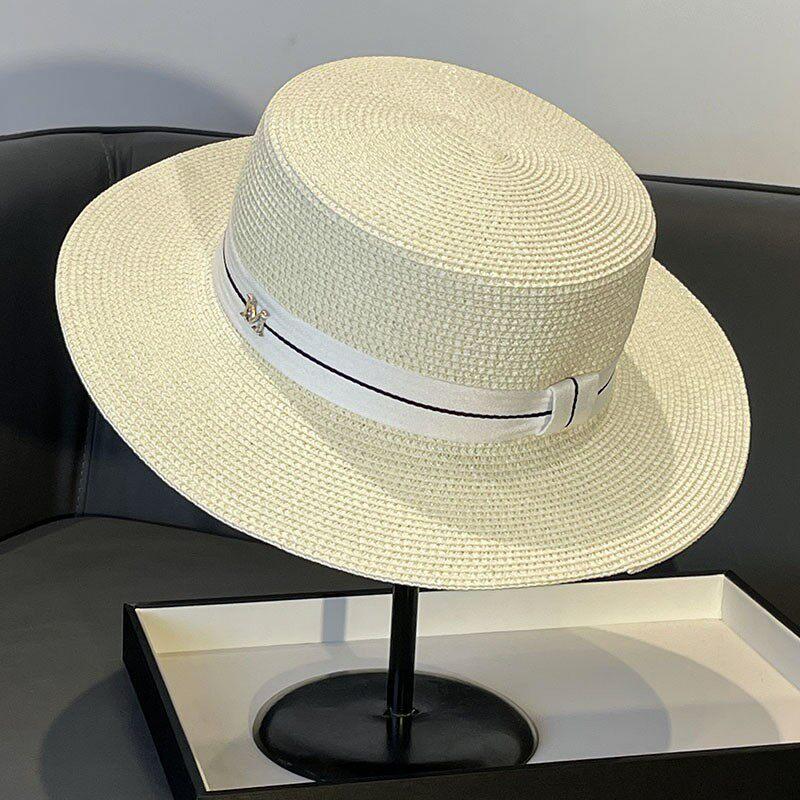 Elegante Cappello Piatto Stile Socialite Francese Intrecciato con Perle Cappello Parasole Estivo da Spiaggia per Donne
