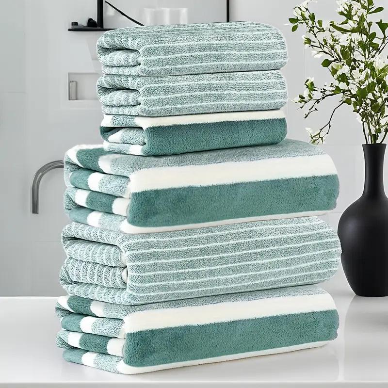 Quick-Dry Coral Fleece Striped Bath Towel - Soft, Absorbent, Large for Couples