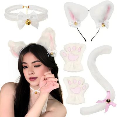 4ks/sada Kostým pre mačku Cosplay príslušenstvo Súprava Plyšový materiál Čelenka do uší pre mačky Náhrdelník so zvončekom Rukavice s pazúrmi Súprava chvosta