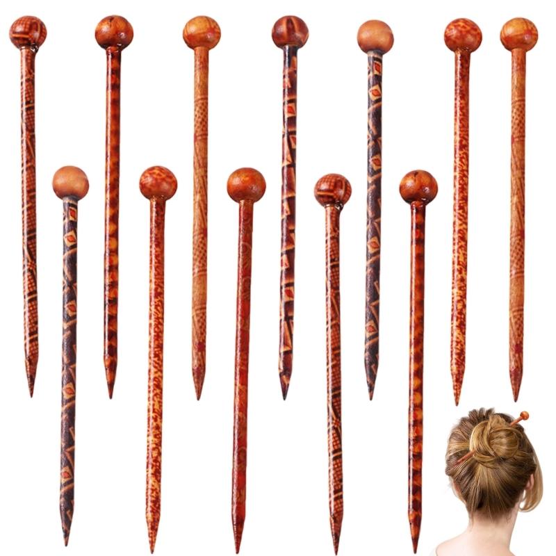 12Pieces Natural Wood Hair Sticks with Ethnic Design Random Color Hairpin for Daily Styling Easy to Use Buns Holder