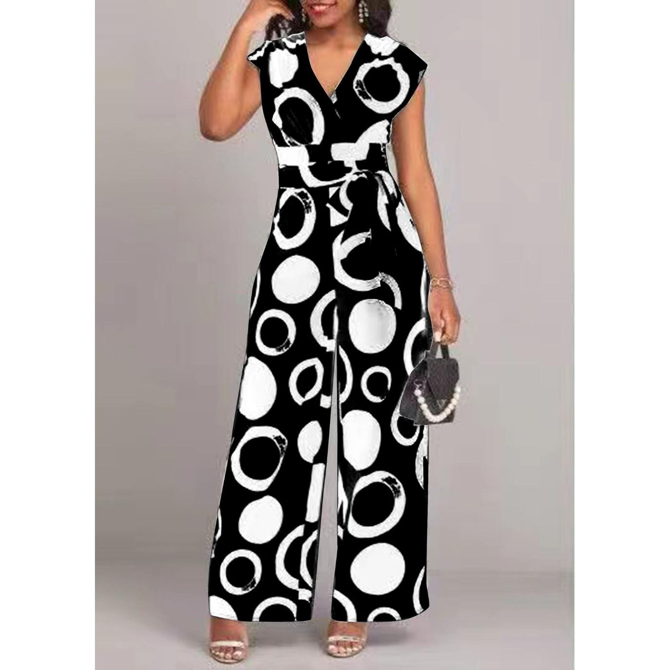 

QICED Модный элегантный повседневный комбинезон с V-образным вырезом и высокой талией с принтом и широким поясом XXL чёрный