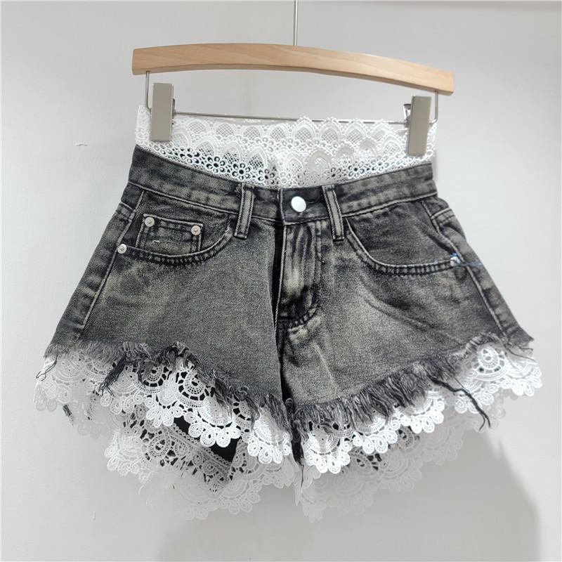 

Design Sense Lace Skinny Spice Girl Denim Shorts Women s Foreign Style Personality Age Reduction Versatile High Waist Wide Leg Hot Pants XL