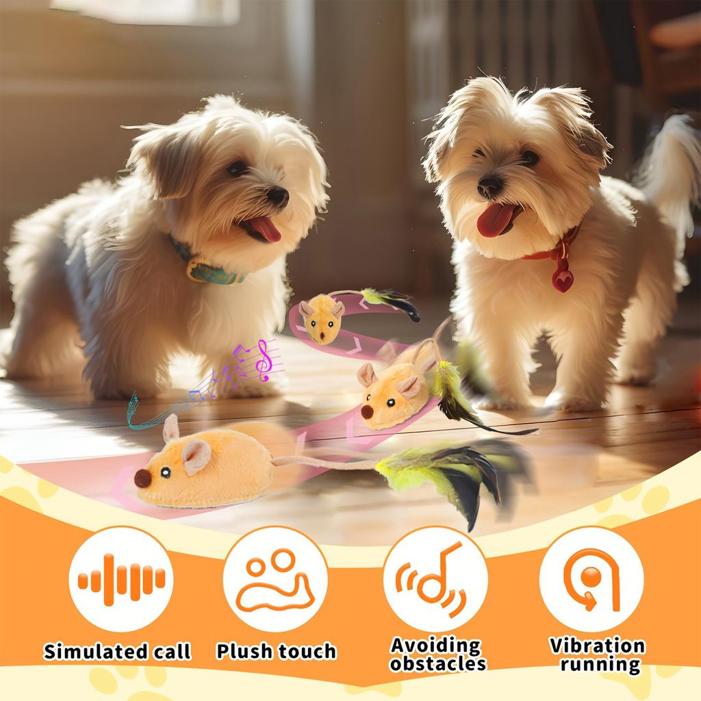 Plush Mouse Interactive Toy,Electric Cat Toy-LED Lights,  Squeaky Sounds, USB Rechargeable, Soft Fabric Material