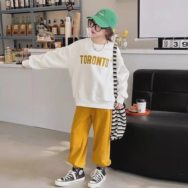 2024 Girls' Stylish Two-Piece Suit: Casual Sweatshirt & Sports Pants for Big Kids