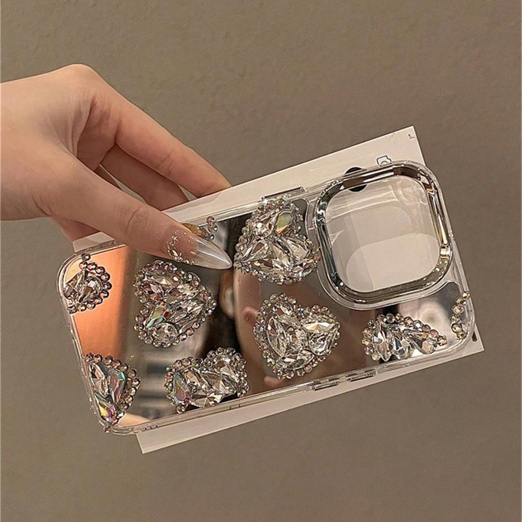 Mirror Love Phone Case For iPhone 16 15 14 13 12 11 Pro Max Fashion Rhinestone Phone Case