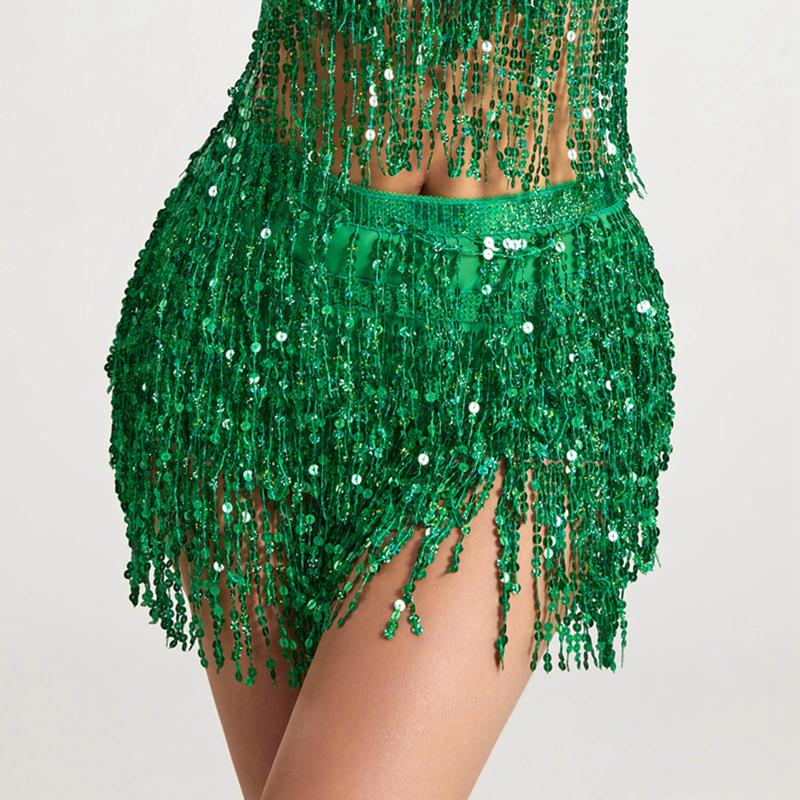 Latin Dance Hula Short Skirt Dress Stage Carnival Party Performance Hip Scarf Three-Layer Tassel Belly Dance Sequins Waist Chain