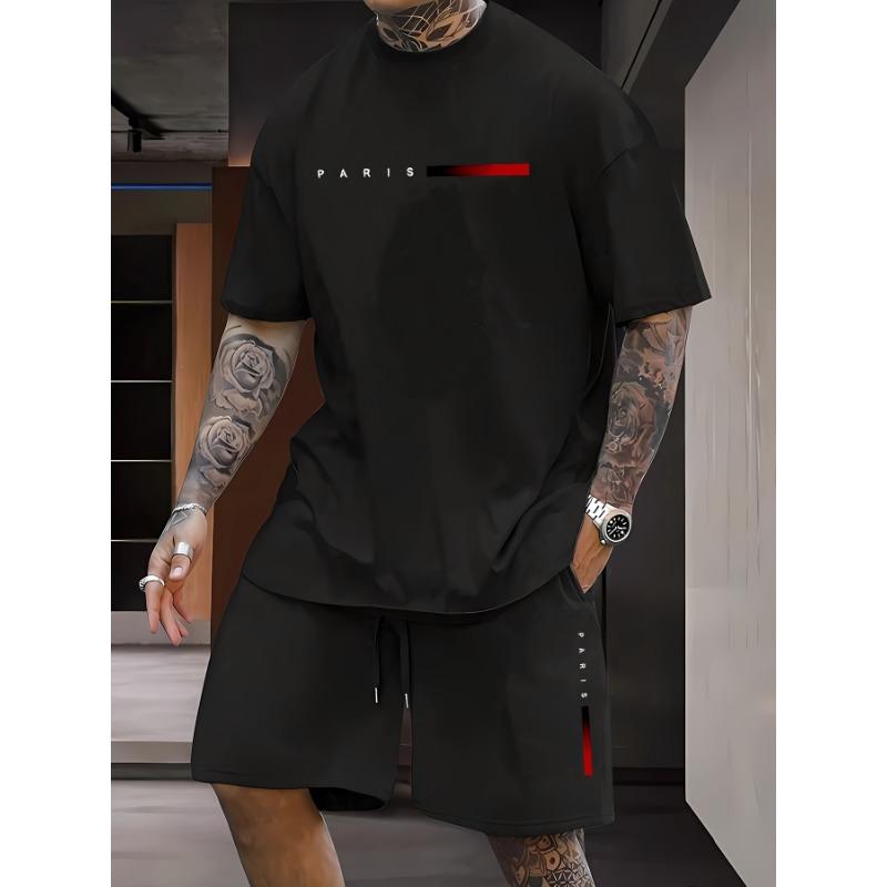 New Summer Men's Set Men's Street King T-Shirt Two-Piece Set Casual Wear Loose-Fit Crew Neck Beach Sports Set