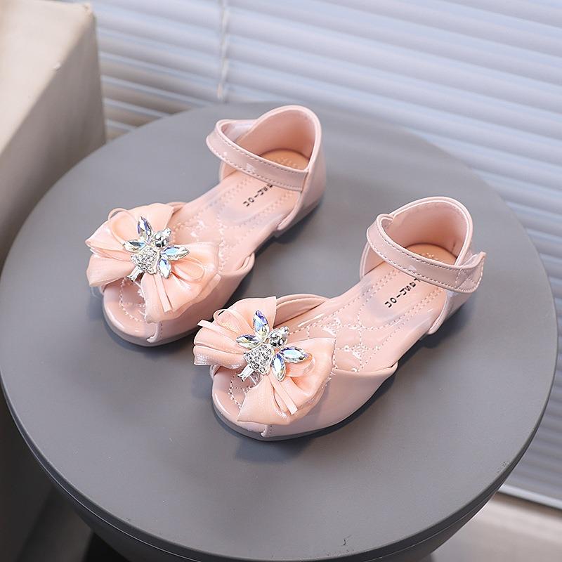Girls' Angel Button and Bow-Decorated Patent Leather Soft-Sole Princess Shoes / Fish-Mouth Children's Princess Sandals