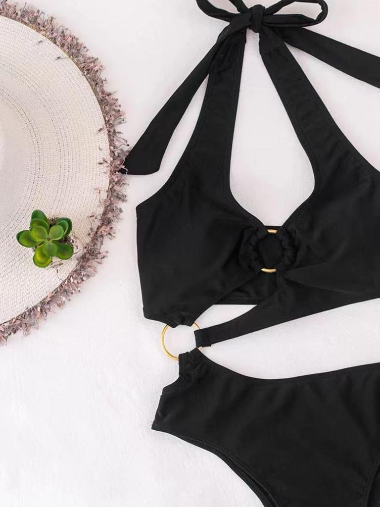 Women's Solid Color Bandage Split Bikini Swimsuit 2021
