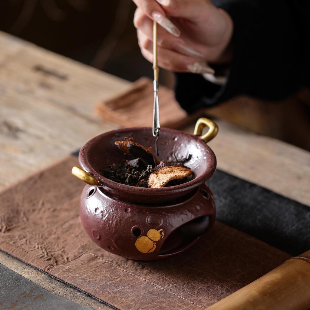 Purple Glaze Fu Lu Round Tea Stove + Triangle Golden Ear Baking Pan Ceramic Stir-Frying Tea Maker Set