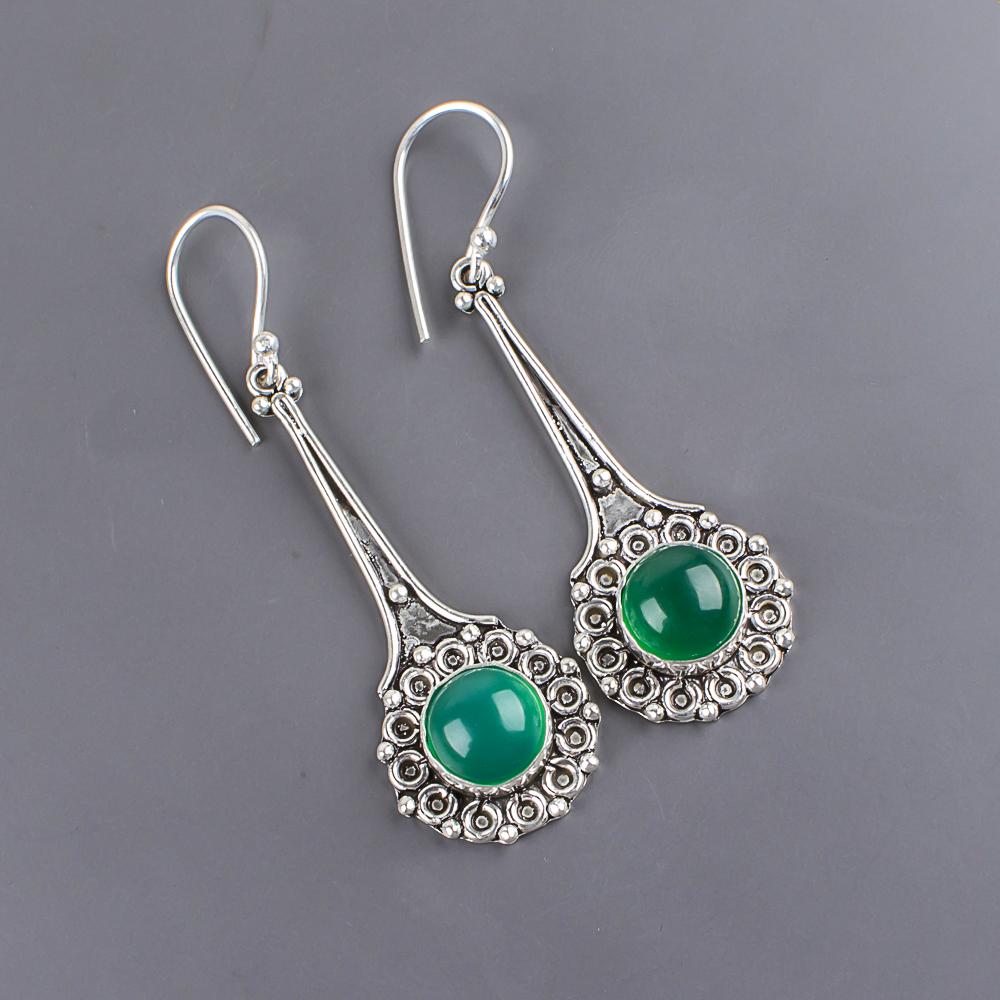 Green Onyx Cab Gemstone Earrings, 925 Solid Sterling Silver Jewelry, Handmade Beautiful Earrings For Wedding Gift