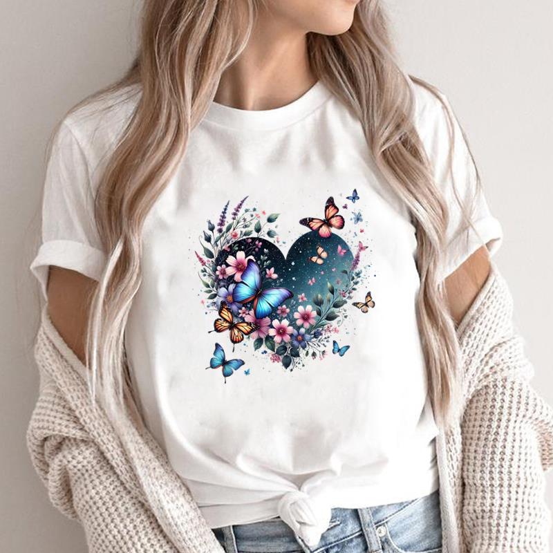 

(Asian Size) butterfly cute 90s lovely Short Sleeve Clothing Print Female Casual Fashion T Women s Top Graphic Tee T-shirts S