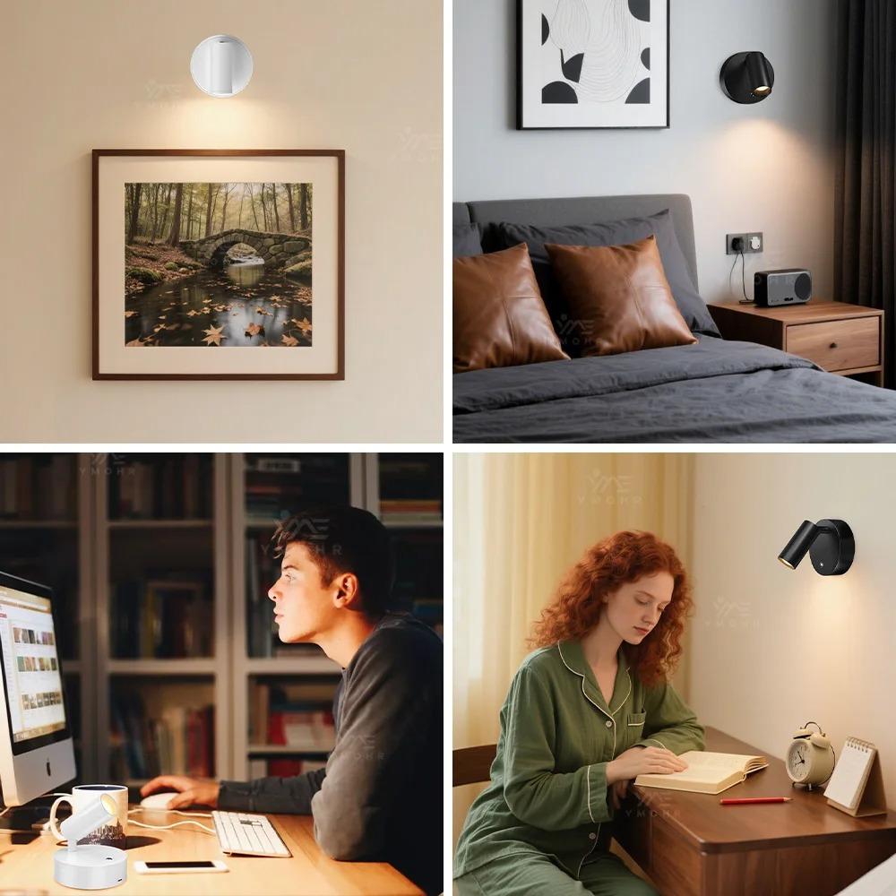 Intelligent Wall Light LED Table Lamp Touch 3-Color Dimmable 350° Rotatable USB Rechargeable Bedroom Bedside Night Light