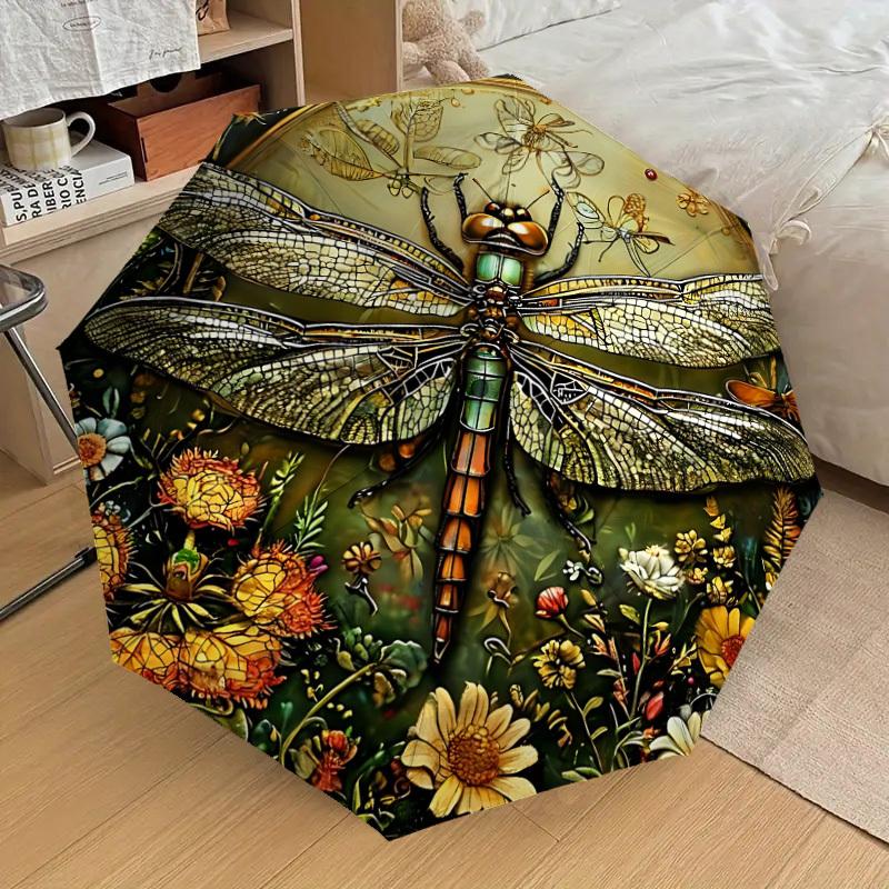 1PC Dragonfly FlowersAutomatic Open/Close Umbrella with Windproof, 8-Rib Sturdy Canopy, Durable Ribs, Fashionable Design, Outdoor Accessory, Fun Prin,