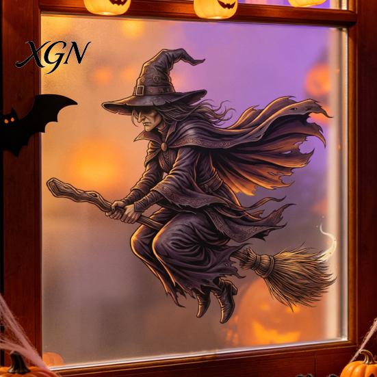 Halloween Party Supplies Witch on Broomstick Static Cling, Themed Glass Window Sticker, Decals Removable Wall Cling for Storefront Windows Doors