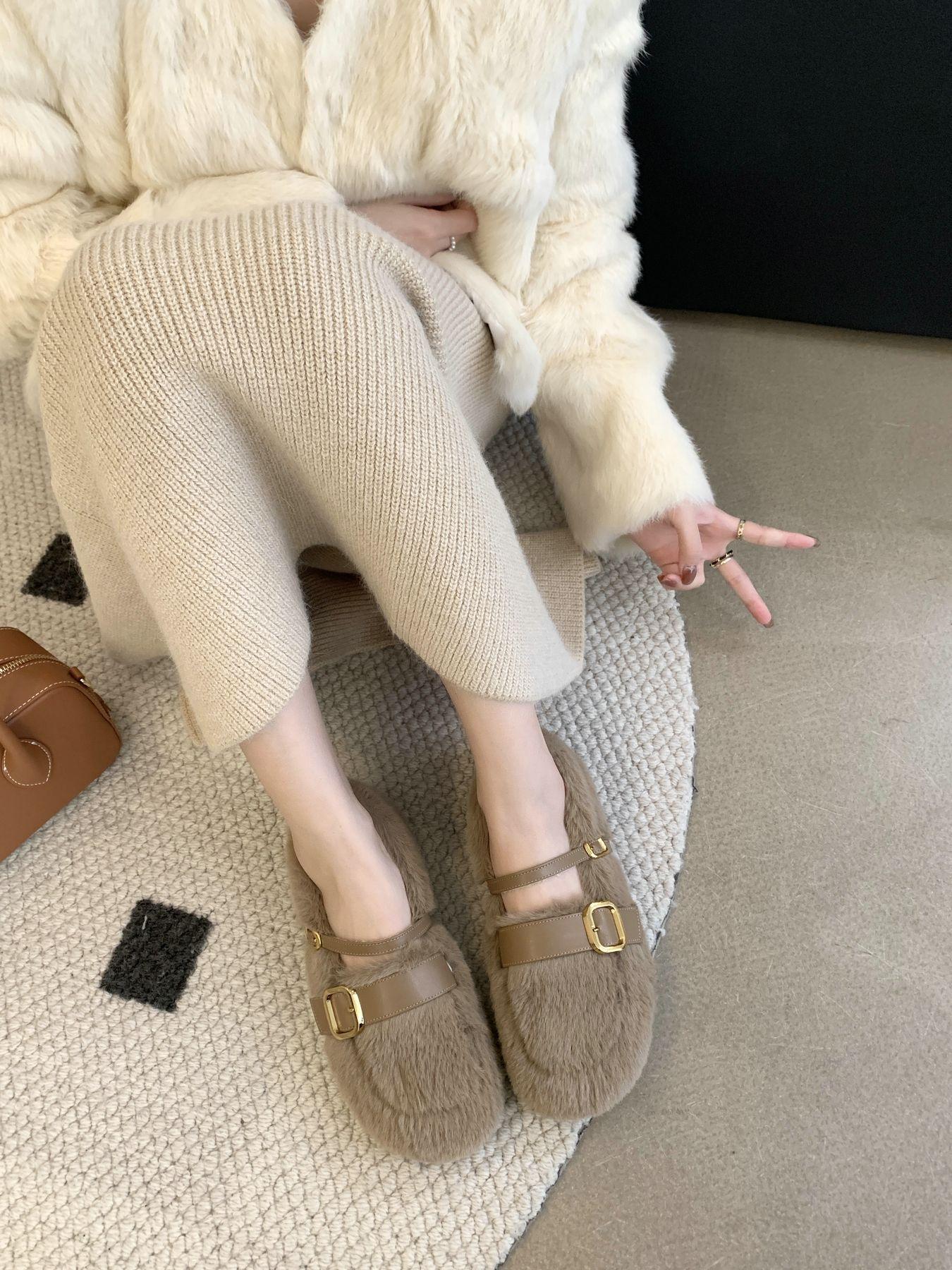 

Осень и зима круглый носок мягкая подошва верхняя одежда ретро утолщенные плюшевые на плоской подошве пушистые туфли женские теплые одинарные туфли 39 хаки