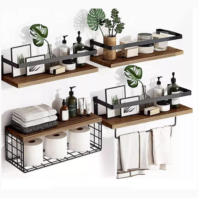 4 Hard Wood Iron Frame Fence Wrought Wooden Suspended Shelves - Firm and Convenient Storage for Vases, Flower POTS, Books, and M
