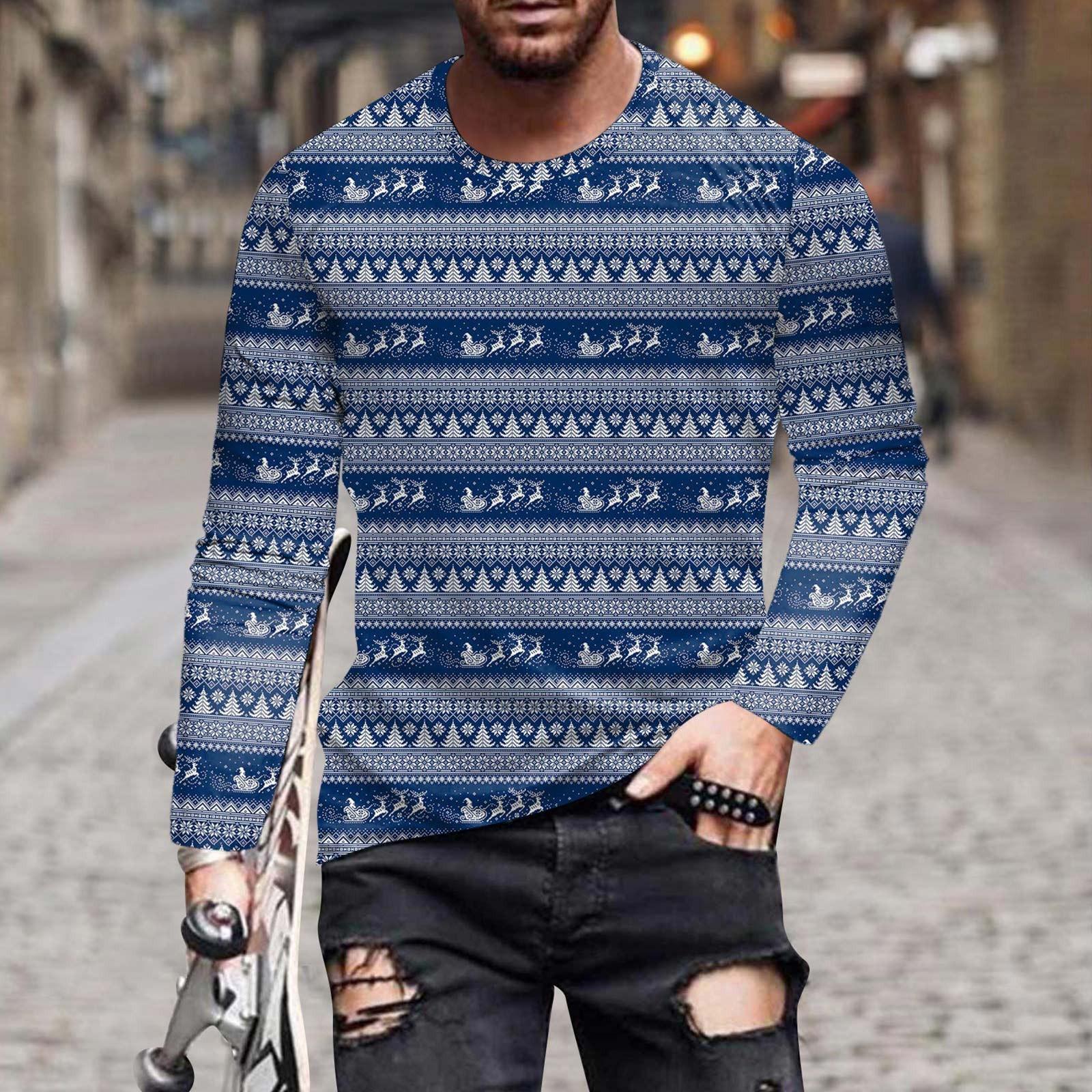 

Мужская мода, повседневные рождественские рубашки с круглым вырезом и длинным рукавом с принтом, топы, блузки M синий